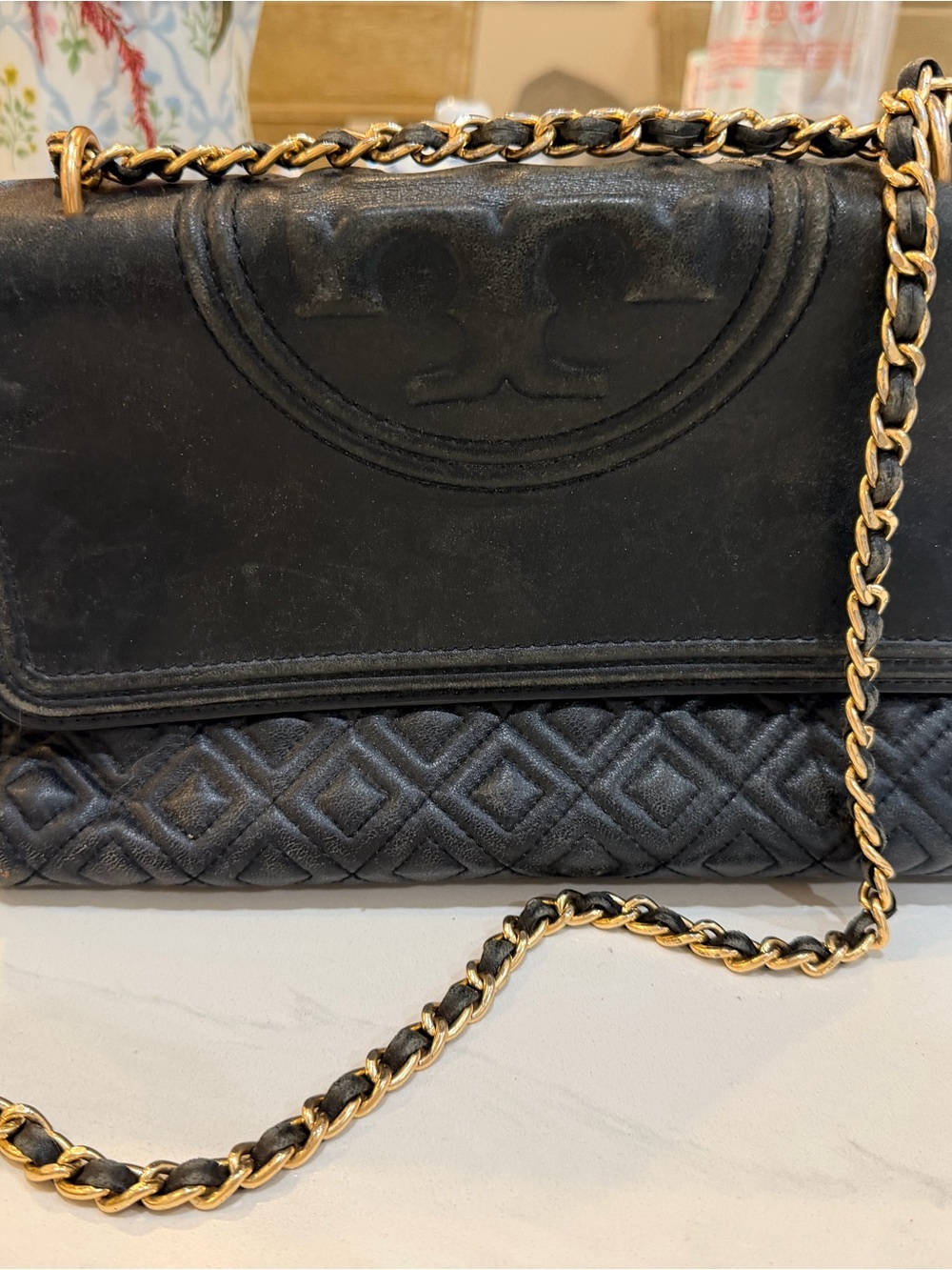 Tory Burch Black Quilted Leather Fleming Shoulder Bag